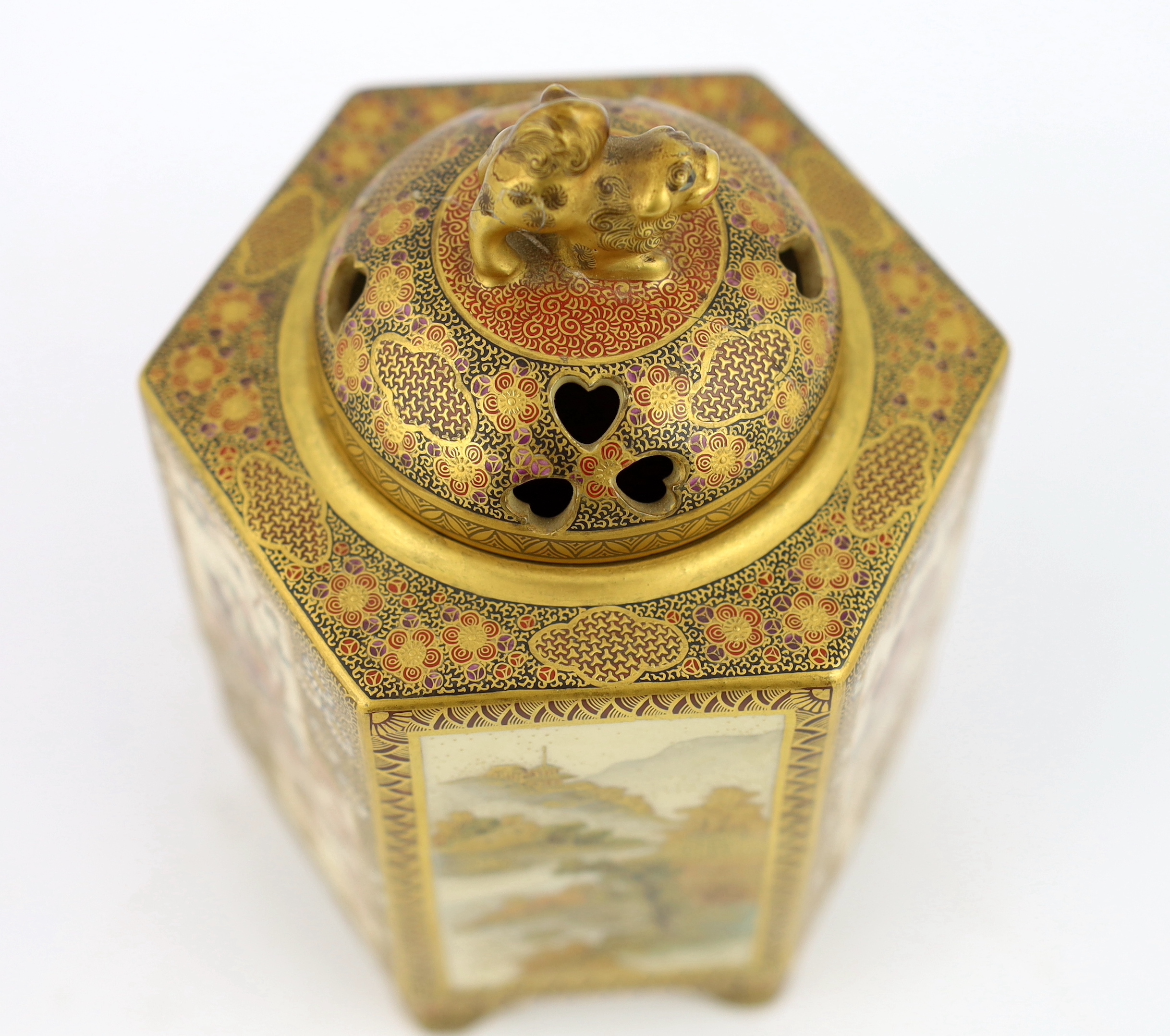 A Japanese Satsuma hexagonal koro and cover, by Kinkozan, Meiji period